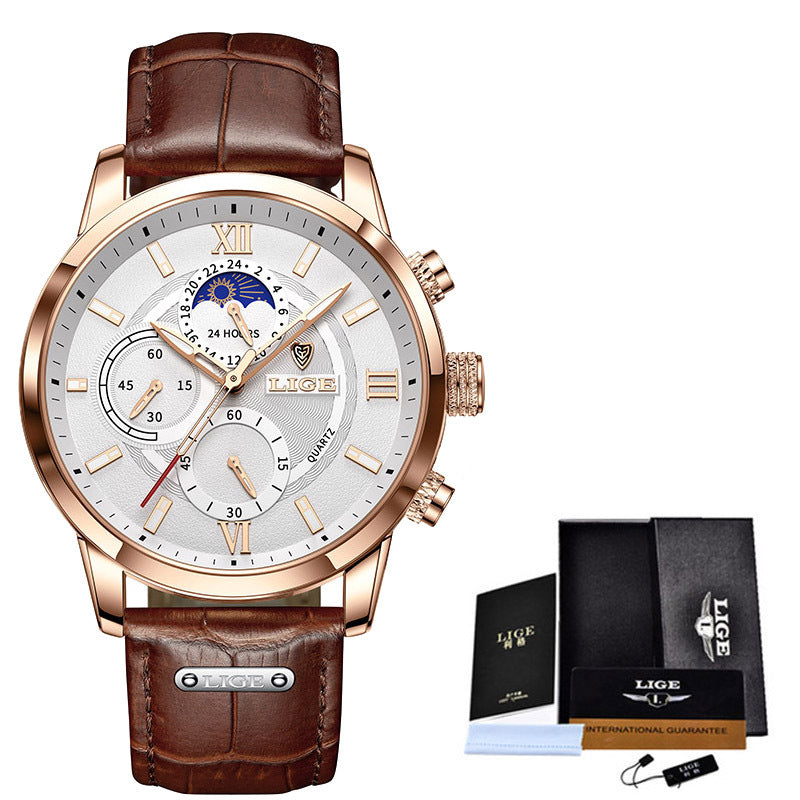 LIGE Men's Multifunction Chronograph Watch – 42mm – Business Style – 30M Water Resistant