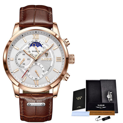LIGE Men's Multifunction Chronograph Watch – 42mm – Business Style – 30M Water Resistant