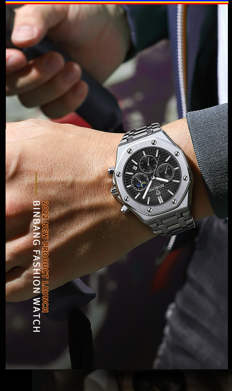 BinBond Men's Slim Quartz Watch – 42mm – Ultra-Slim 7mm – Metal Case – Butterfly Buckle