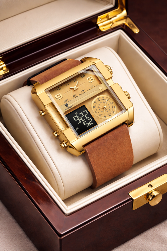 Herenhorloge met dubbele display en lederen band